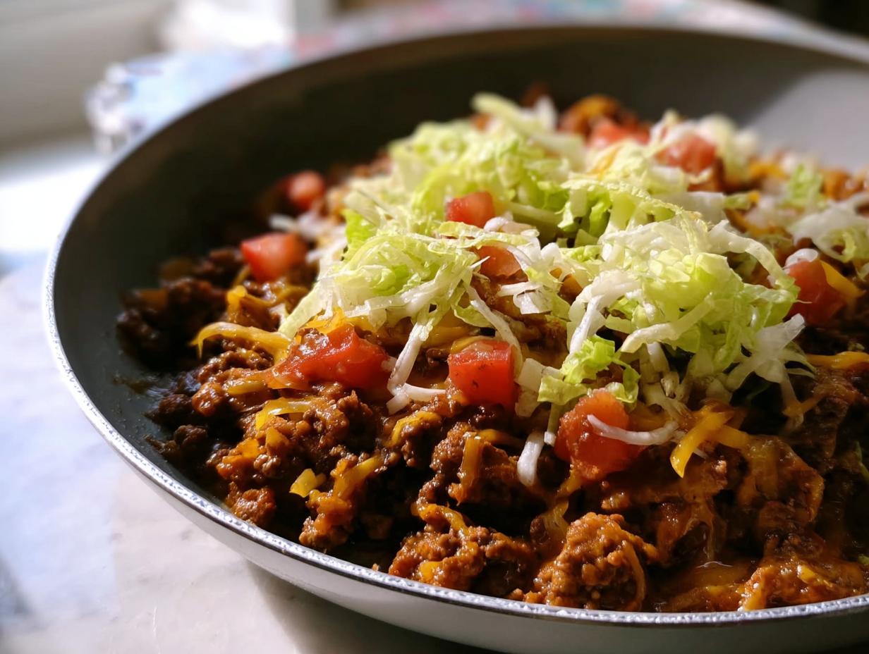 Close-up of a hearty Taco Skillet made with seasoned ground beef, melted cheese, topped with diced tomatoes and shredded lettuce.
