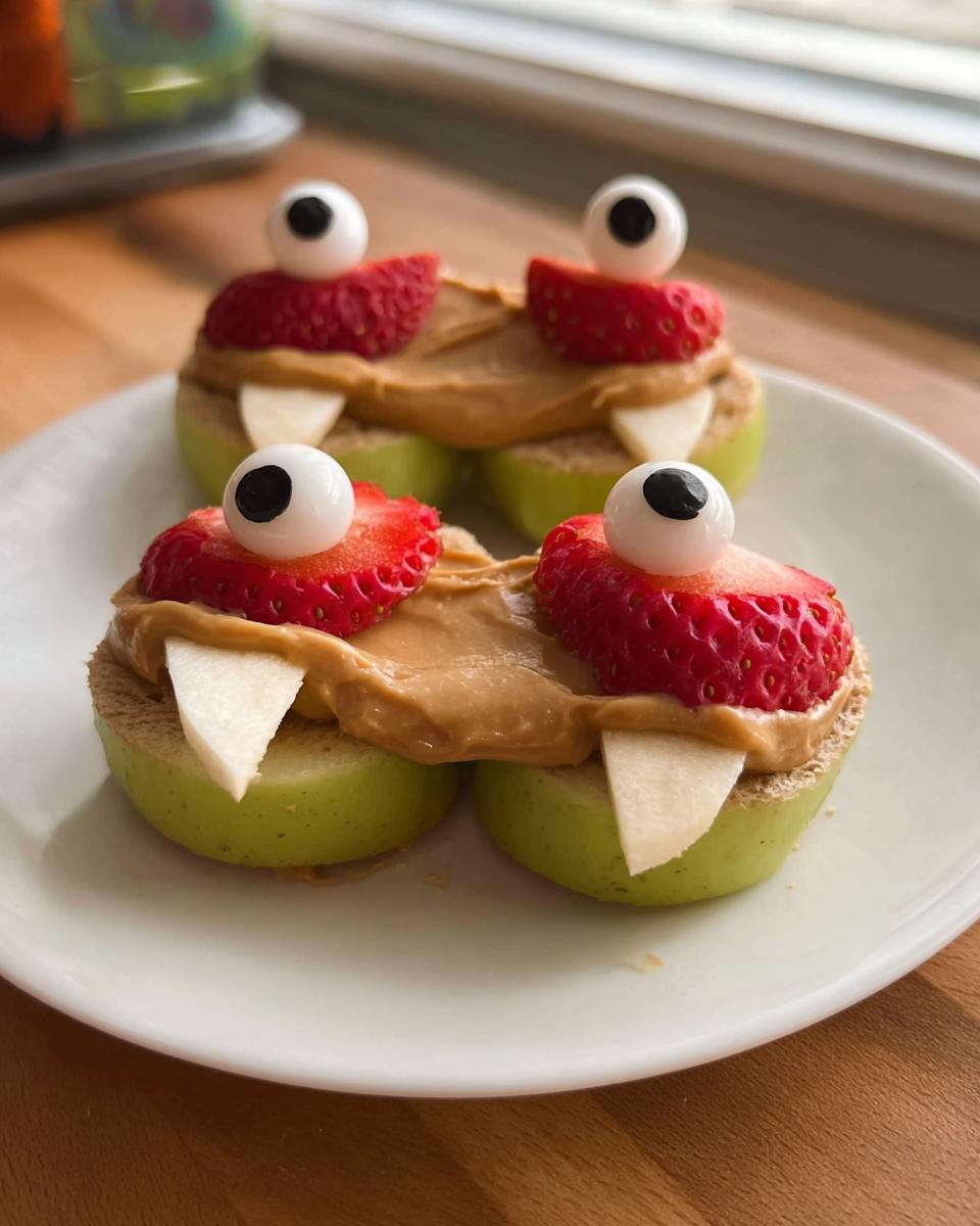 Close-up of spooky Apple Monster Bites made with green apple slices, peanut butter, strawberry halves, candy eyes, and pear teeth.