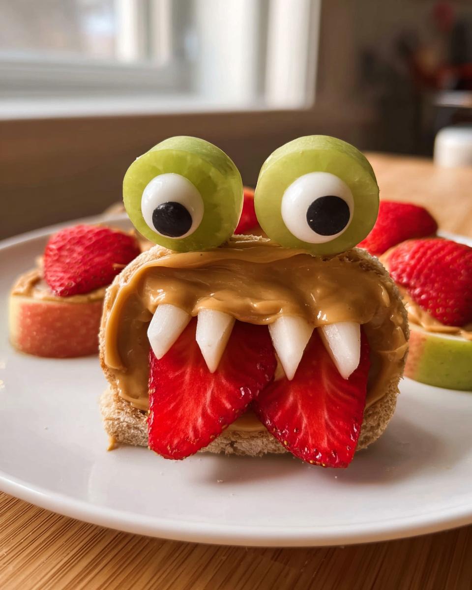 Close-up of a spooky Apple Monster Bites treat with peanut butter, strawberries for tongue and teeth, and grape eyes.