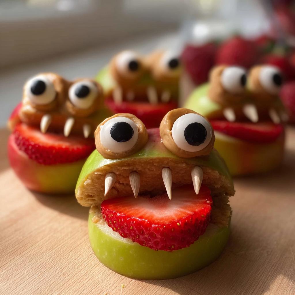 Close-up of spooky Apple Monster Bites made with green apples, peanut butter, candy eyes, and strawberry slices for tongues.
