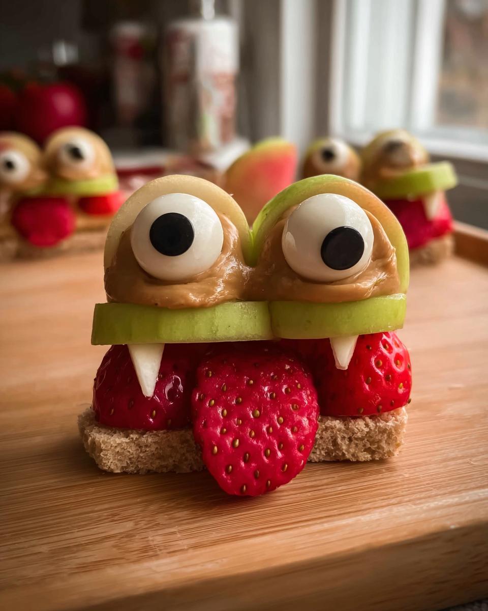 Close-up of a spooky Apple Monster Bites treat made with apple slices, peanut butter, candy eyes, strawberries, and bread.