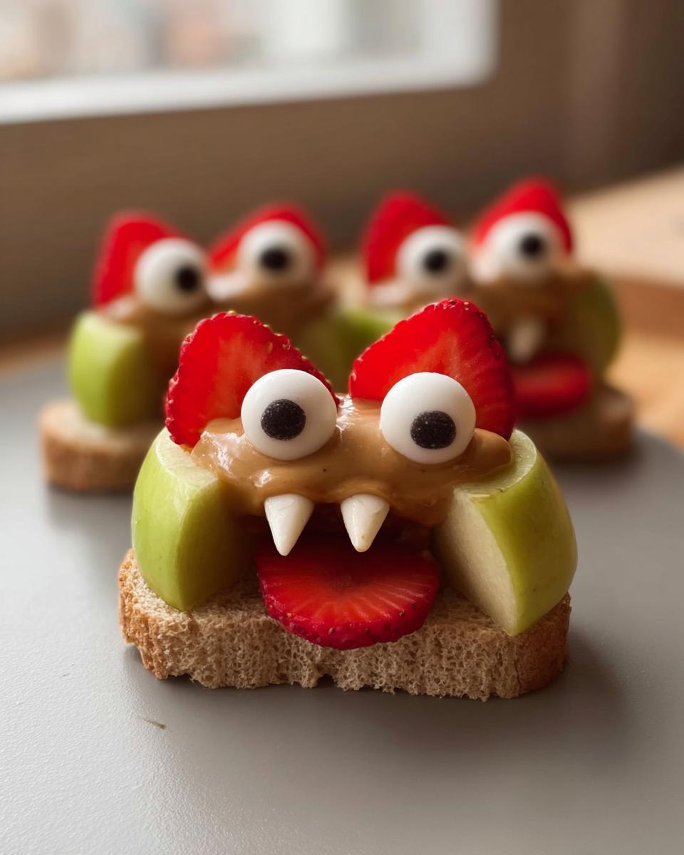 Close-up of a spooky Apple Monster Bite treat made with apple slices, peanut butter, strawberries, and candy eyes on toast.