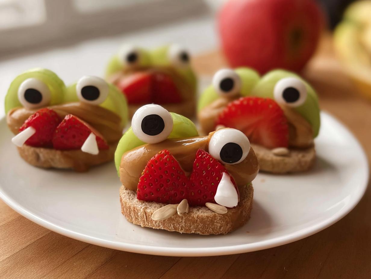 Close-up of several Apple Monster Bites on a white plate, featuring apple slices, peanut butter, strawberry pieces, and candy eyes.