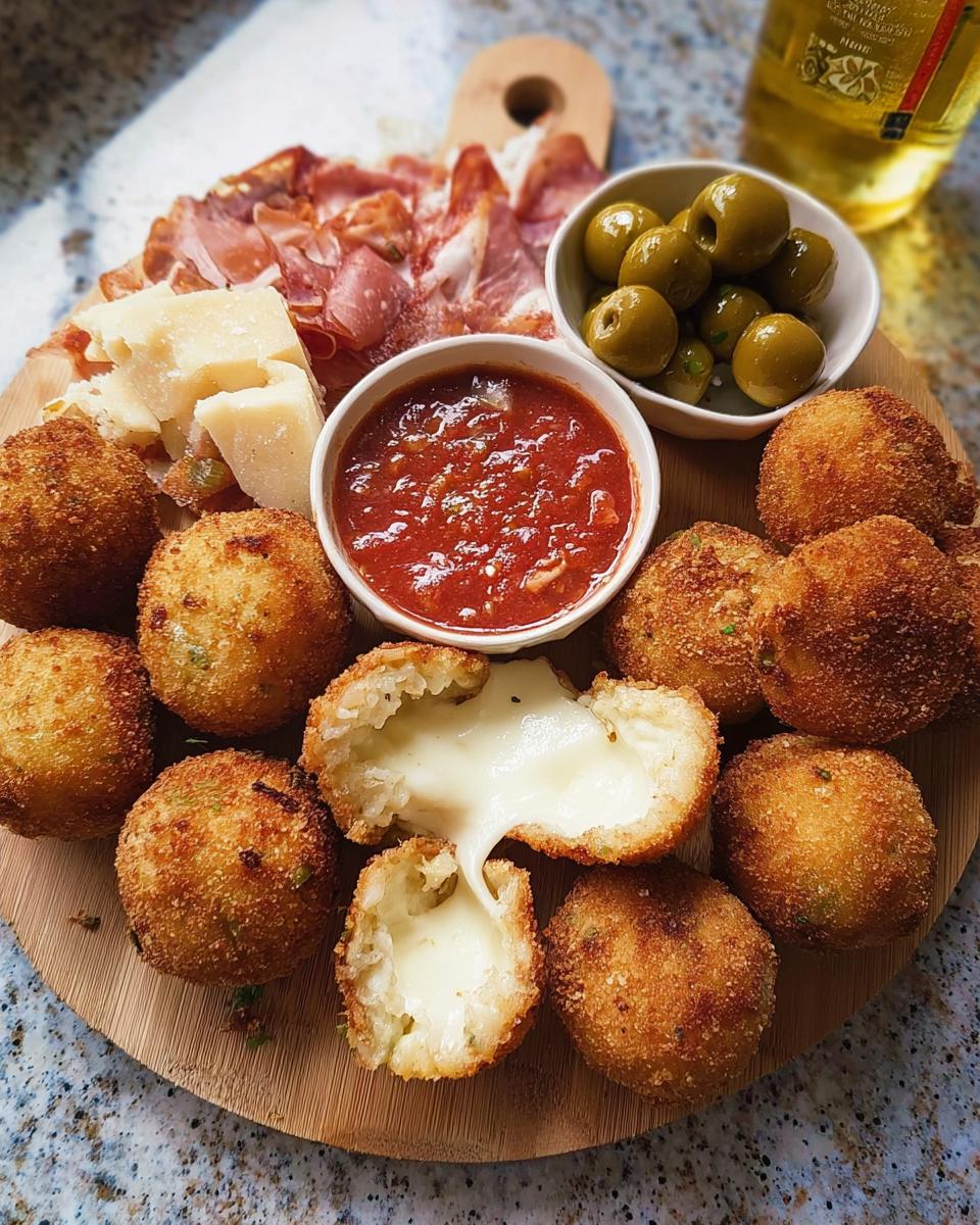 Cheese-stuffed arancini served on a platter as part of an elegant New Year’s Eve Dinner Menu.