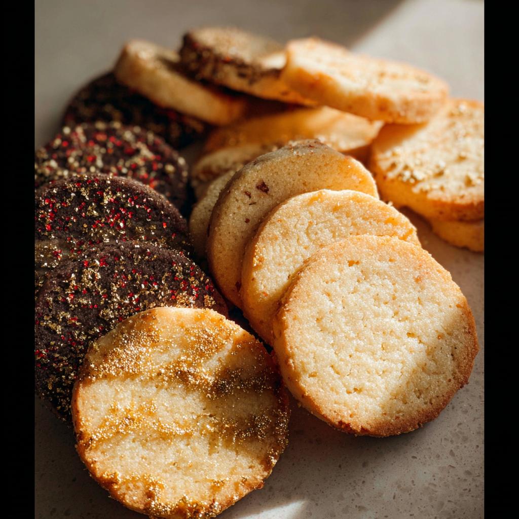 A close-up of assorted Gold-Dusted Shortbread cookies, some plain and some chocolate with gold and red sprinkles.