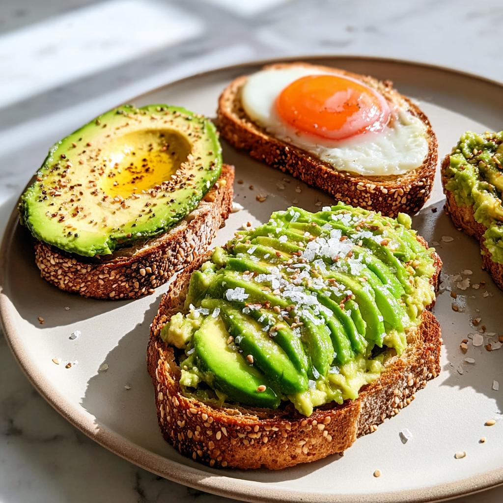 Close-up of three different styles of Avocado Toast 5 Ways (Healthy) on seeded bread, including sliced, mashed, and topped with an egg.