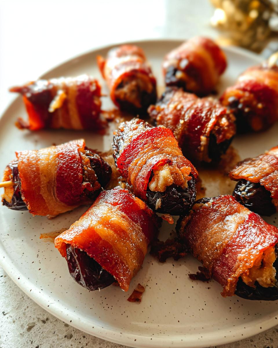 Close-up of several freshly cooked Bacon-Wrapped Dates arranged on a speckled white plate, glistening with glaze.