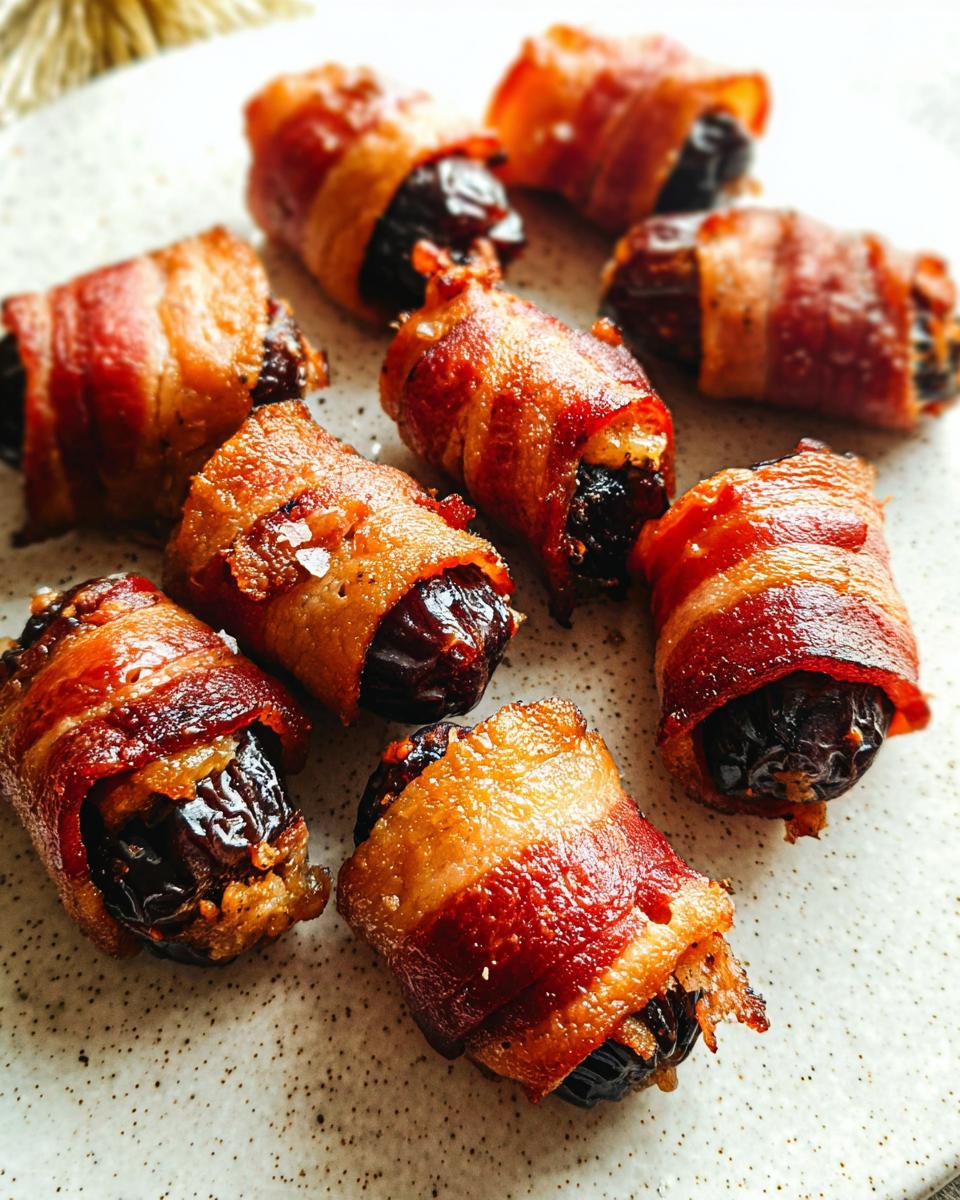 Close-up of several crispy, golden-brown Bacon-Wrapped Dates arranged on a speckled white plate.