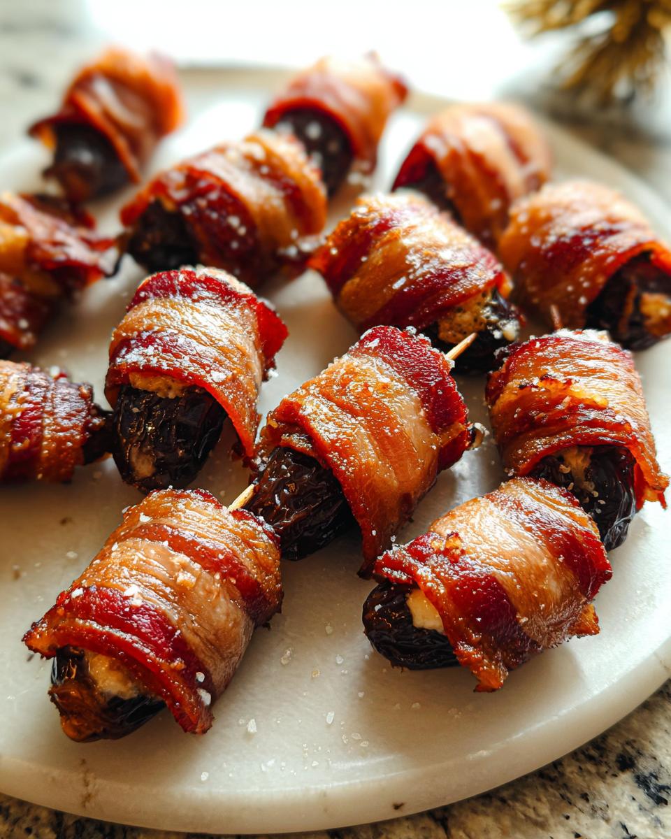 Close-up of several perfectly cooked Bacon-Wrapped Dates sprinkled with sea salt on a white platter.