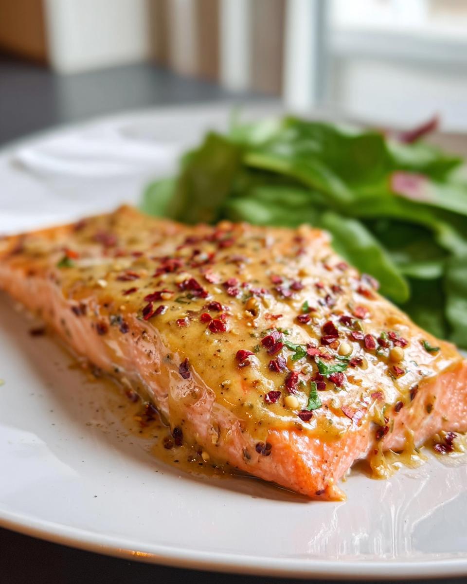 A close-up of a perfectly baked salmon fillet, covered in a glistening glaze and sprinkled with red pepper flakes, served with a side of fresh greens.