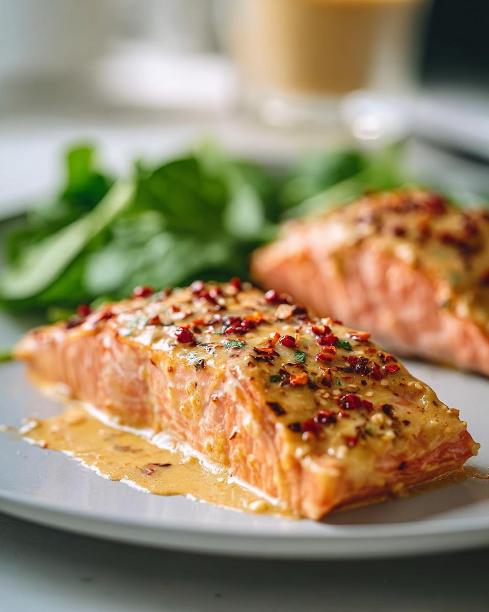 Two pieces of bake-from-frozen salmon with a glistening glaze and red pepper flakes, served with spinach.