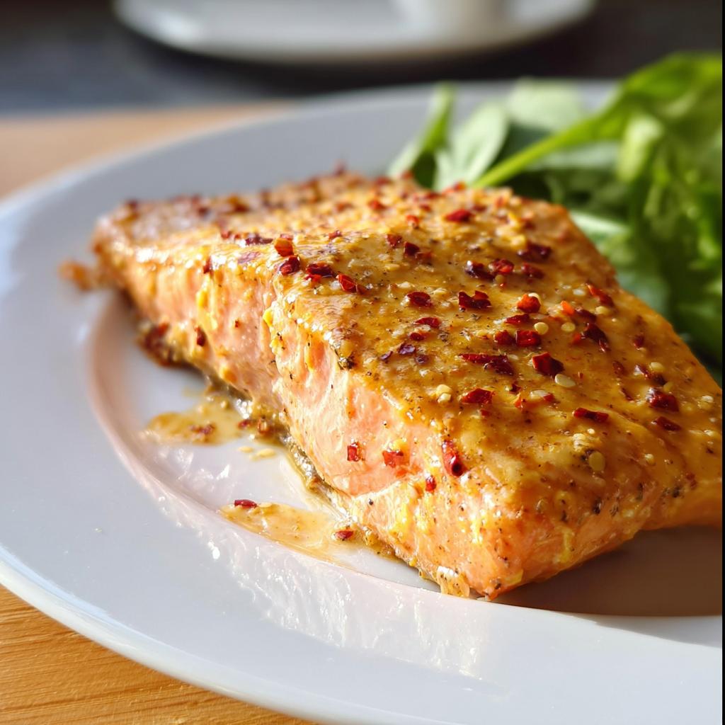 A perfectly cooked fillet of bake-from-frozen salmon, glistening with a honey mustard glaze and sprinkled with red pepper flakes, served with greens.