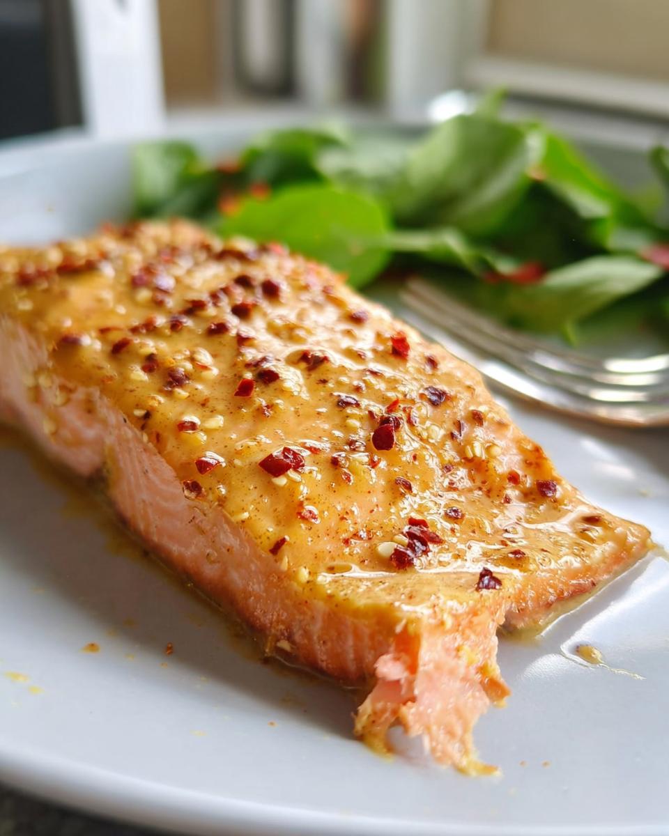 A close-up of a delicious bake-from-frozen salmon fillet glazed with a honey mustard sauce and sprinkled with red pepper flakes.