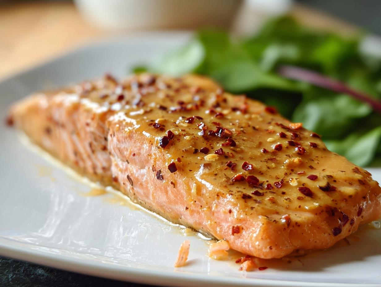 A perfectly cooked fillet of bake-from-frozen salmon, glistening with a savory glaze and sprinkled with red pepper flakes, served with greens.