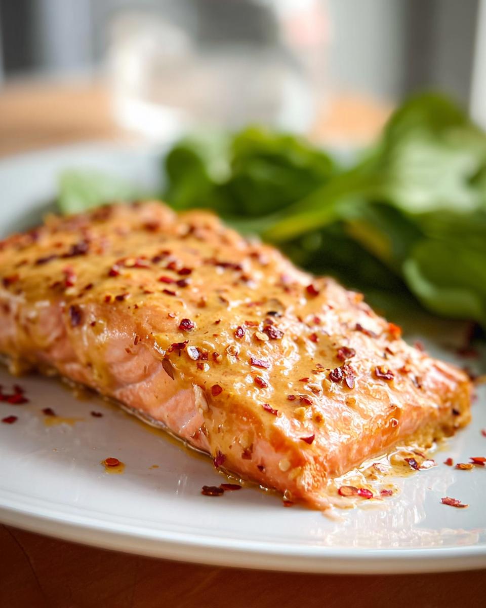 A perfectly baked fillet of salmon, glazed with a creamy sauce and sprinkled with red pepper flakes, served with a side of greens.
