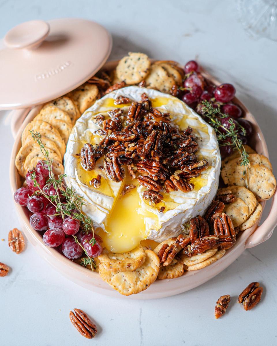 A wheel of Baked Brie with Honey and Pecans, oozing melted cheese, served with crackers and grapes.