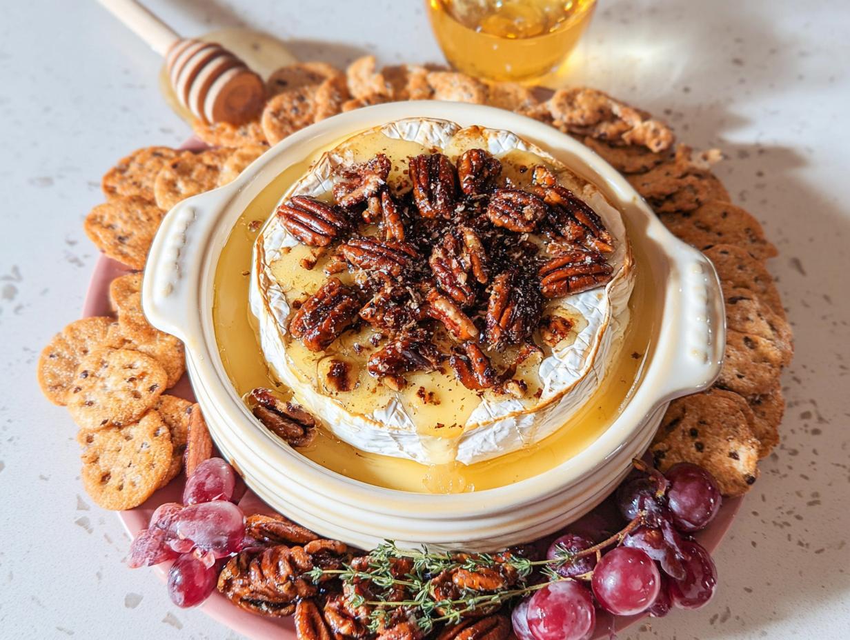 A wheel of warm Baked Brie with Honey and Pecans, served in a dish surrounded by crackers and grapes.