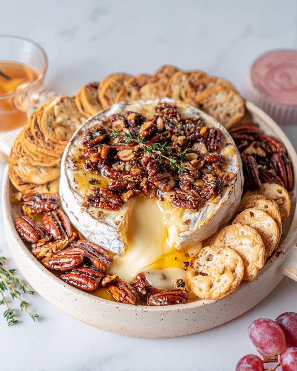 A wheel of warm Baked Brie with Honey and Pecans oozing cheese, served with crackers and pecans.