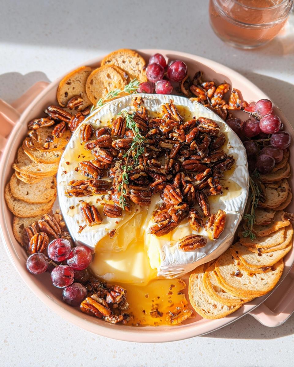 A wheel of melted Baked Brie with Honey and Pecans, oozing cheese, served with crackers and grapes.