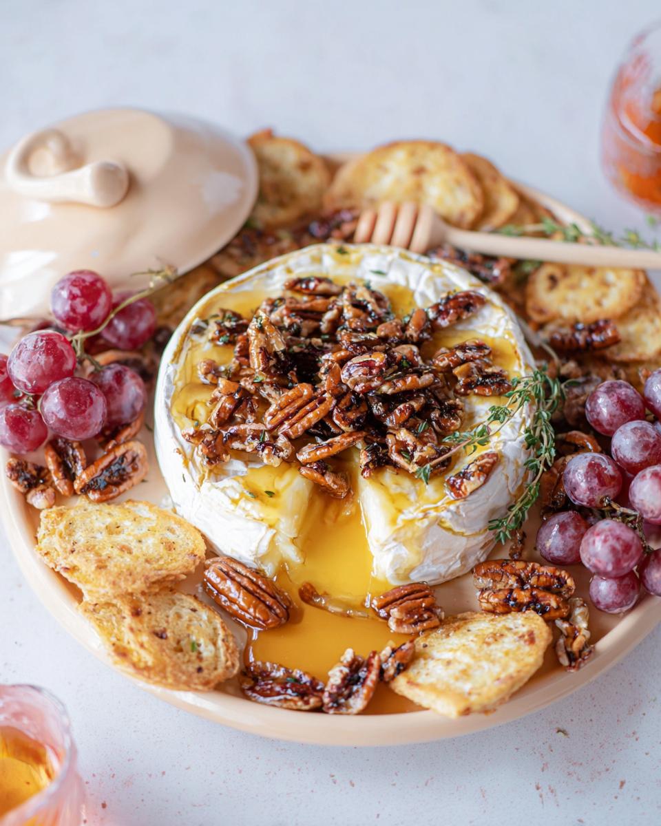 Melted Baked Brie with Honey and Pecans, served with grapes and crackers.