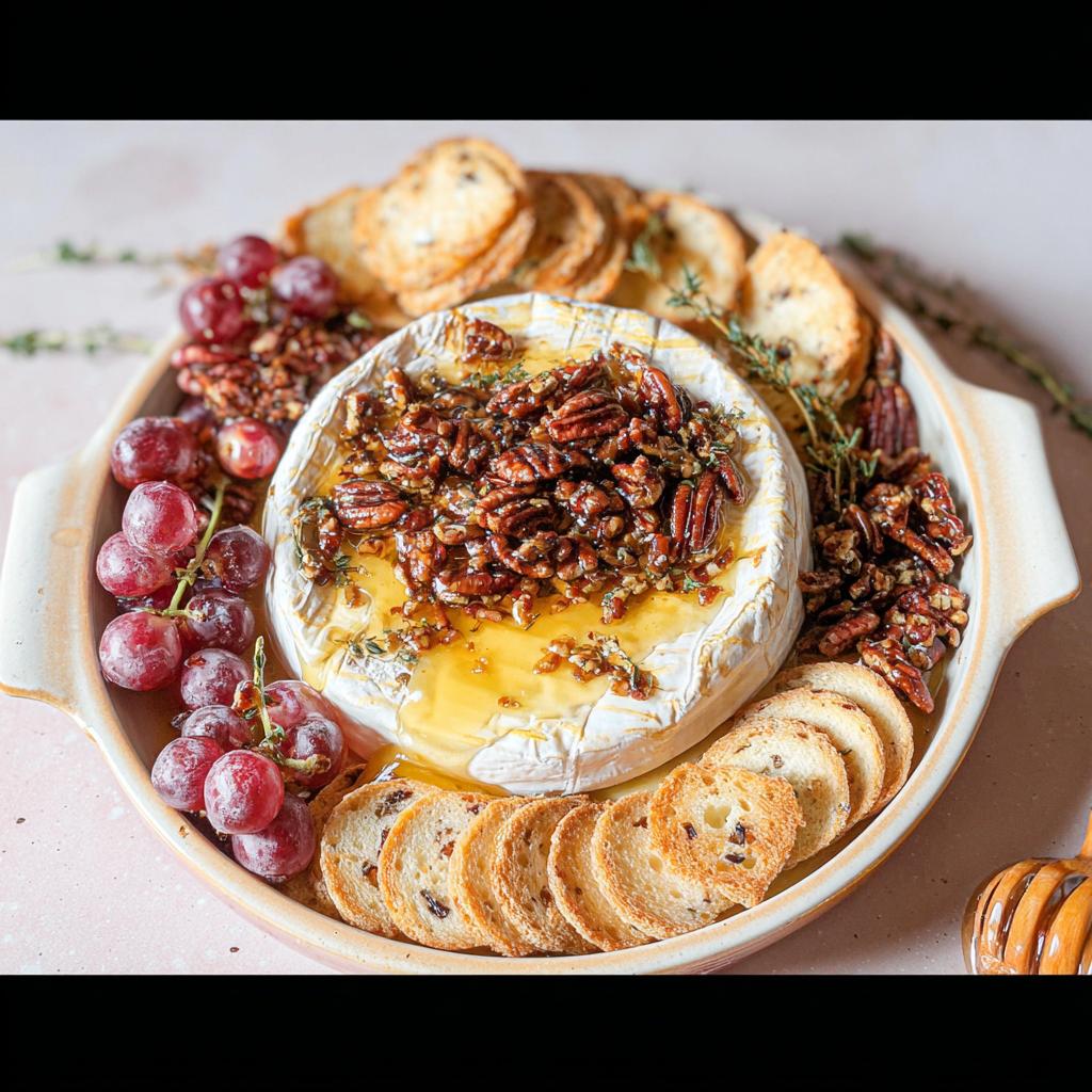 A wheel of warm Baked Brie with Honey and Pecans, served with red grapes and toasted baguette slices.