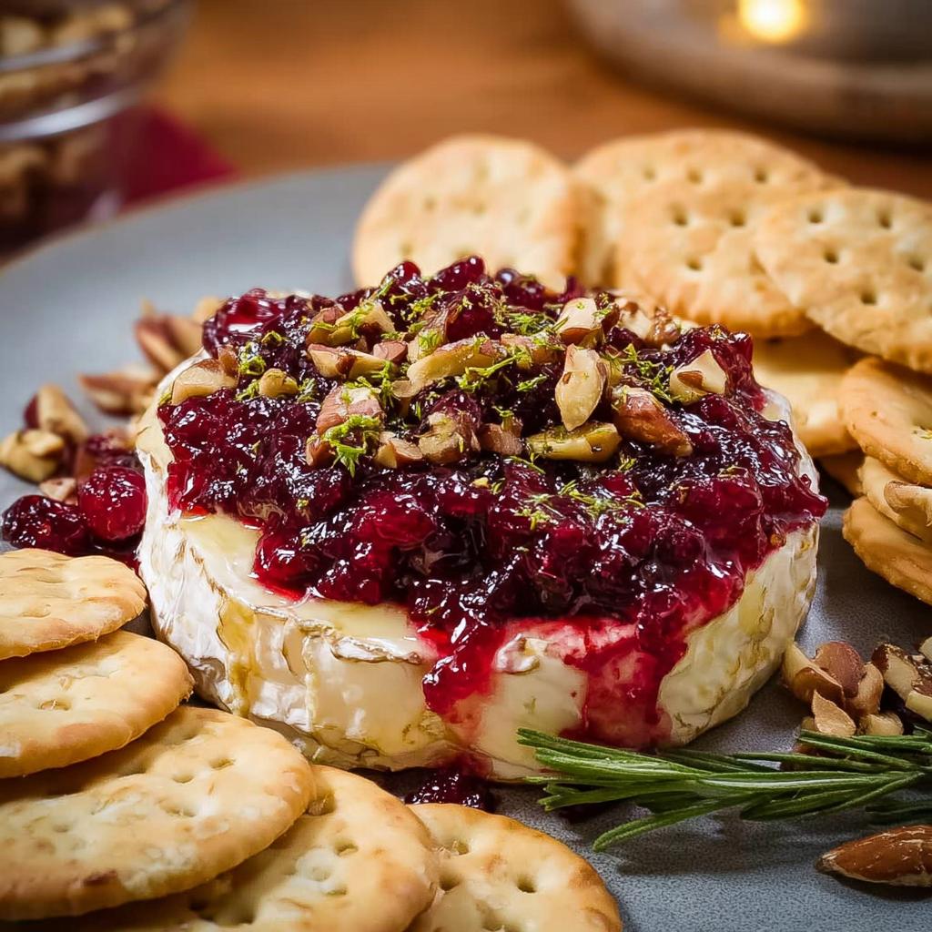 A round of baked brie topped with rich cranberry sauce, chopped nuts, and lime zest, served with crackers for making Cranberry Brie Bites.
