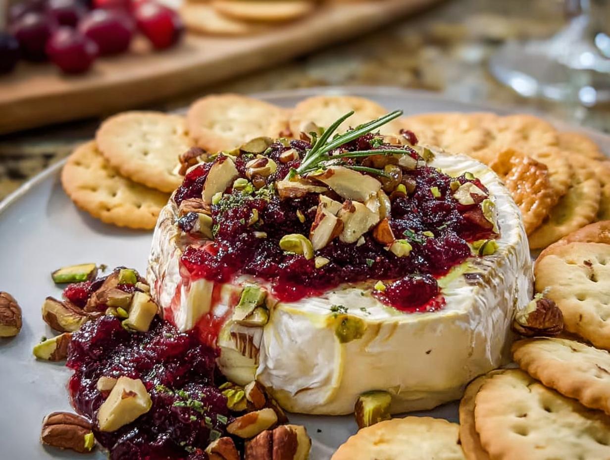 A wheel of baked brie topped with cranberry sauce, sliced almonds, pistachios, and rosemary, served with crackers for Cranberry Brie Bites.