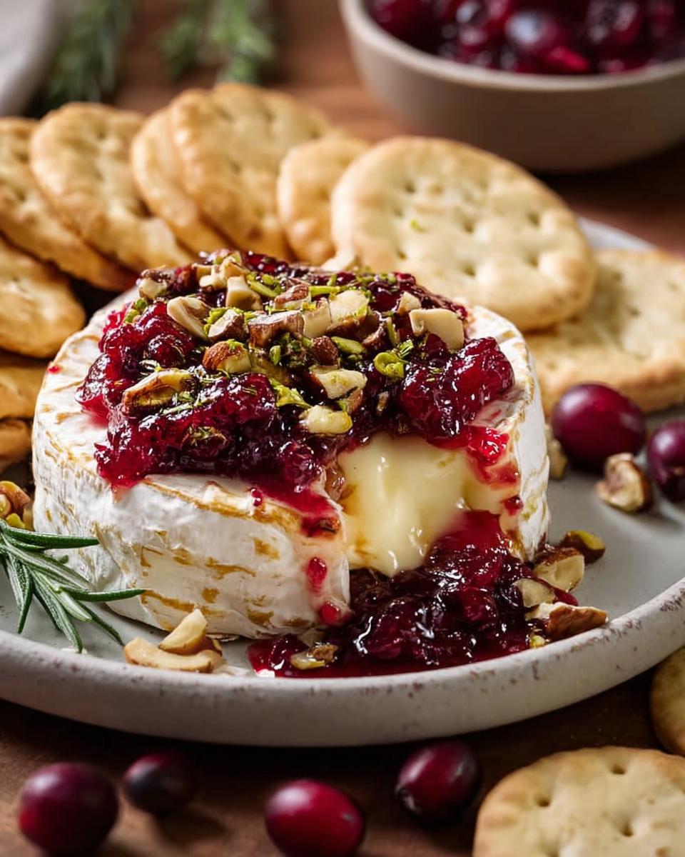 A wheel of baked brie topped with cranberry sauce and chopped nuts, served with crackers for making Cranberry Brie Bites.