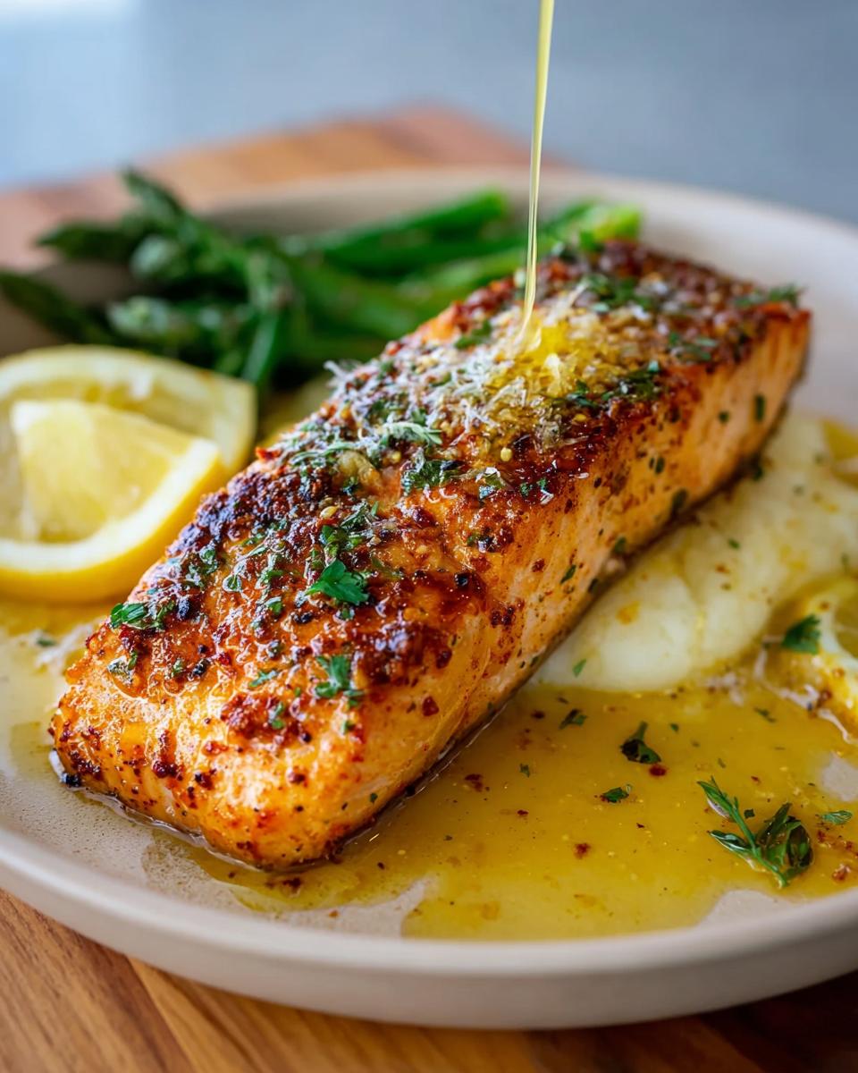 Close-up of a perfectly cooked Baked Lemon Garlic Salmon fillet being drizzled with melted butter sauce.