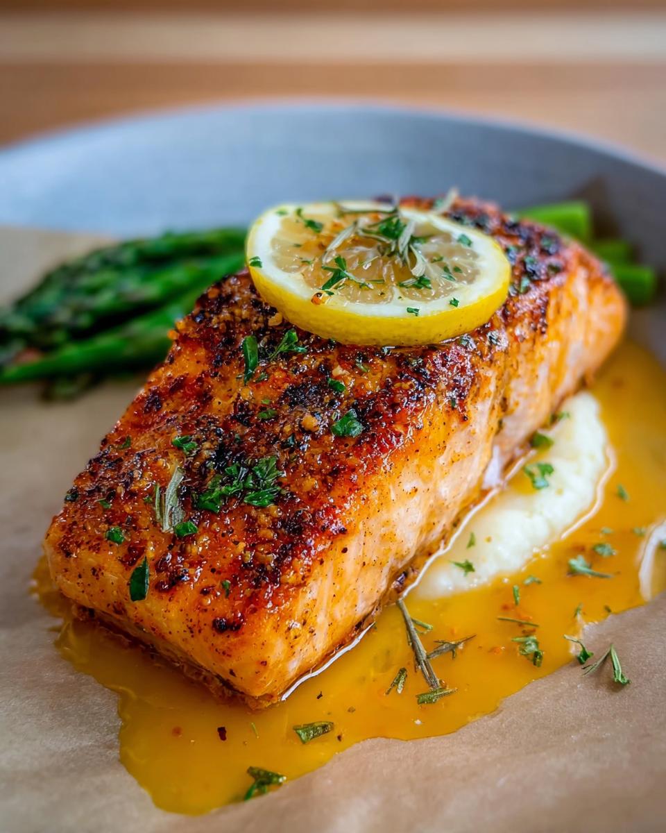 Close-up of a juicy Baked Lemon Garlic Salmon fillet topped with a lemon slice and herbs.