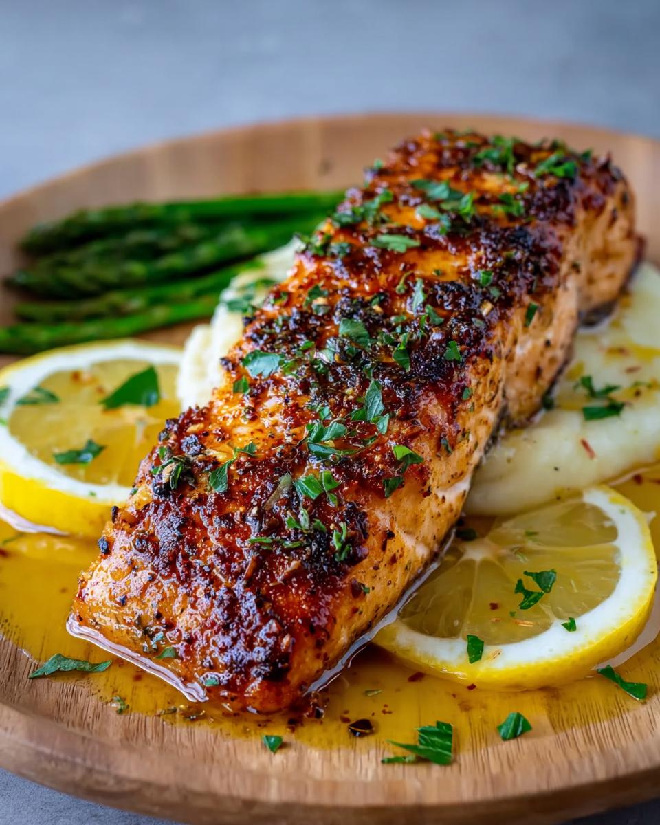 A close-up of a juicy Baked Lemon Garlic Salmon fillet topped with herbs, served over mashed potatoes and lemon slices.
