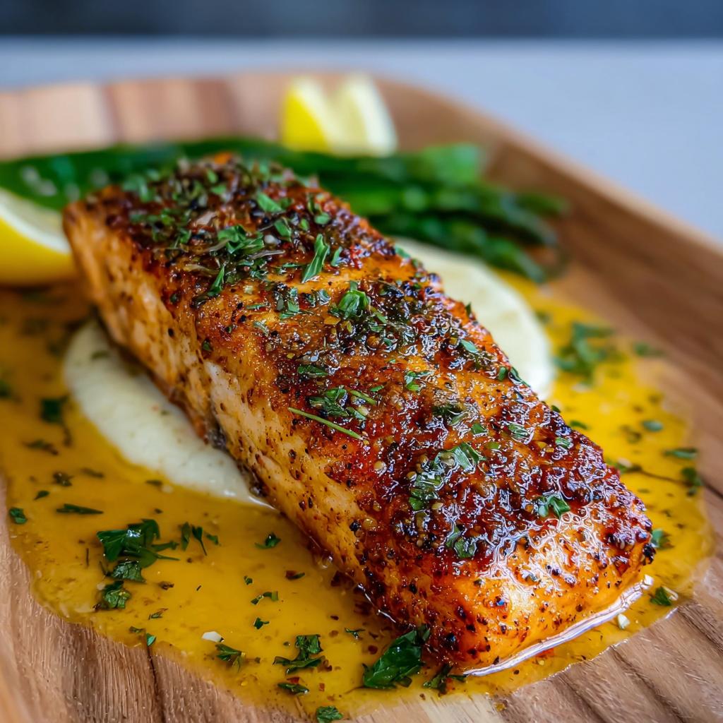 Close-up of a perfectly cooked Baked Lemon Garlic Salmon fillet topped with herbs, resting in lemon butter sauce.