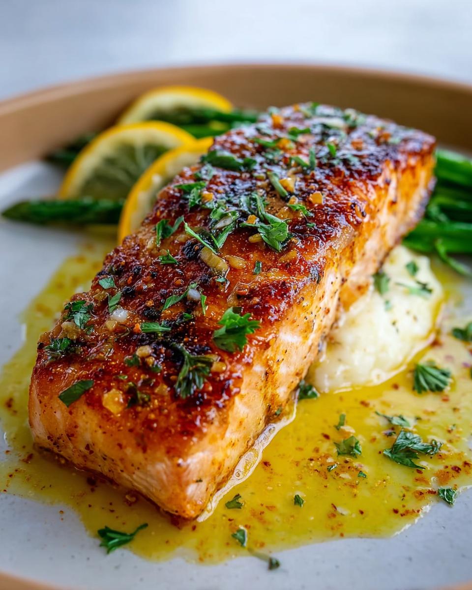 Close-up of a glazed Baked Lemon Garlic Salmon fillet topped with herbs, served over mashed potatoes and asparagus.