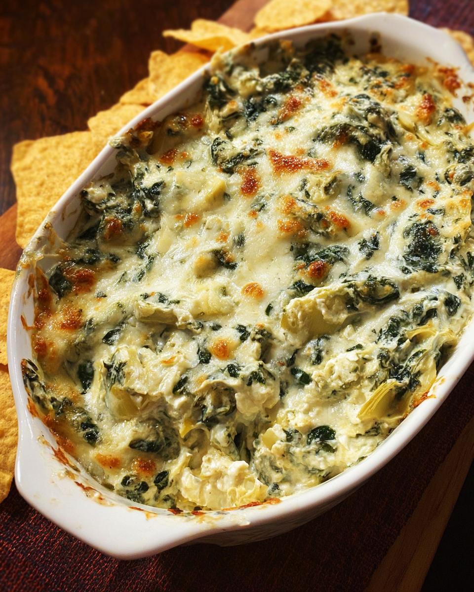 Close-up of a bubbly, hot Baked Spinach Artichoke Dip in a white oval dish, served with tortilla chips.
