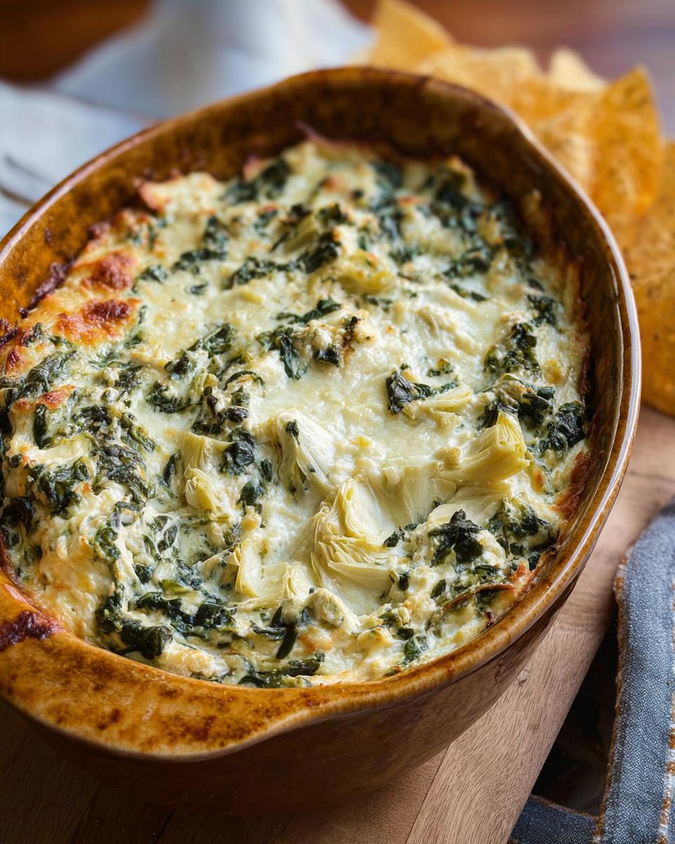 Close-up of hot Baked Spinach Artichoke Dip bubbling in a brown ceramic dish, served with tortilla chips nearby.