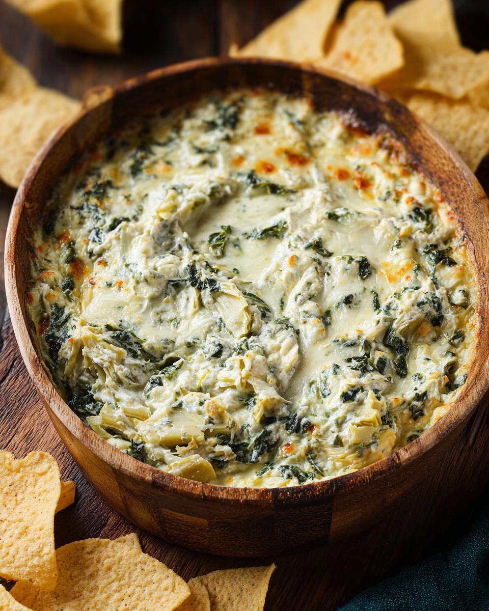 Close-up of hot Baked Spinach Artichoke Dip served bubbling in a rustic wooden bowl with tortilla chips surrounding it.