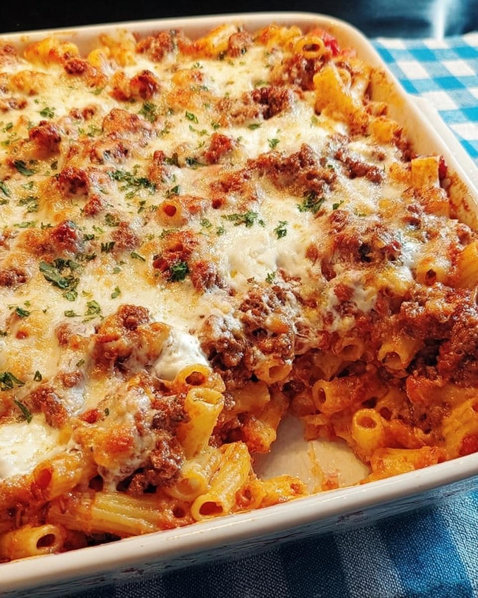Close-up of a freshly baked Baked Ziti with Ground Beef, topped with melted cheese and parsley, served in a white dish.