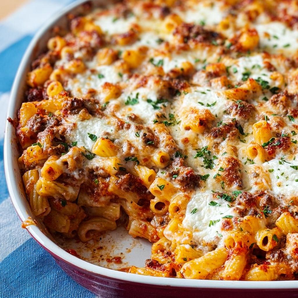 Close-up of a bubbling Baked Ziti with Ground Beef topped with melted mozzarella and parsley.