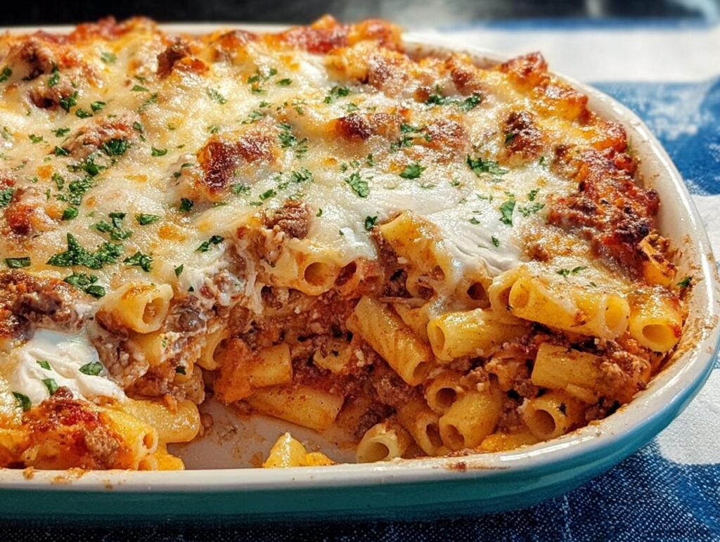 Close-up of a freshly baked Baked Ziti with Ground Beef, showing melted, browned cheese and pasta tubes.