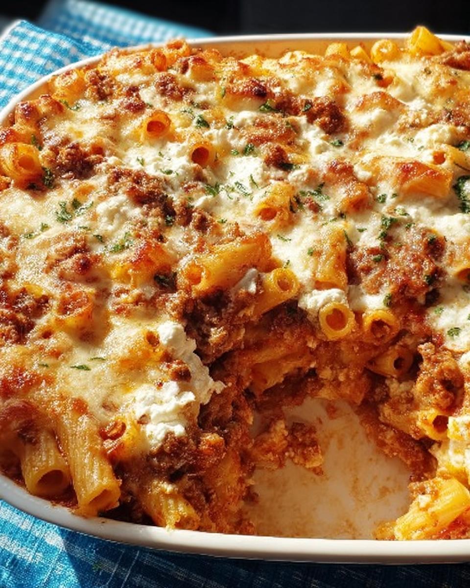 A close-up view of a freshly baked Baked Ziti with Ground Beef, showing melted cheese and meat sauce.