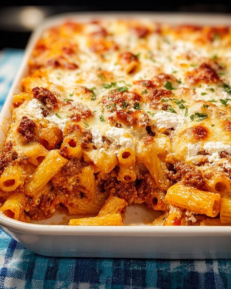 A close-up view of a freshly baked dish of Baked Ziti with Ground Beef, topped with melted, browned cheese and ricotta.