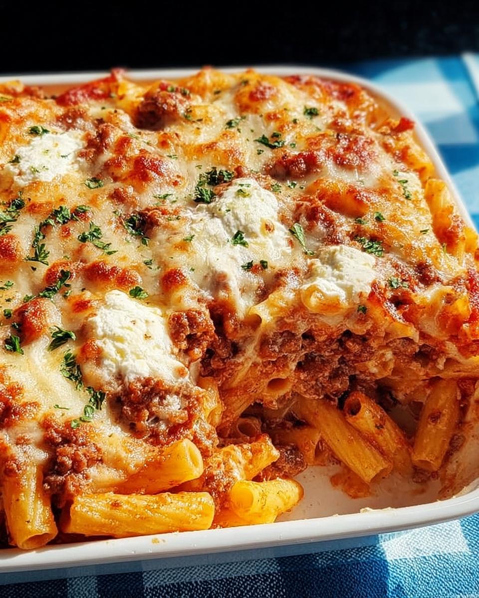 A close-up of a freshly baked dish of Baked Ziti with Ground Beef, topped with melted mozzarella and dollops of ricotta.