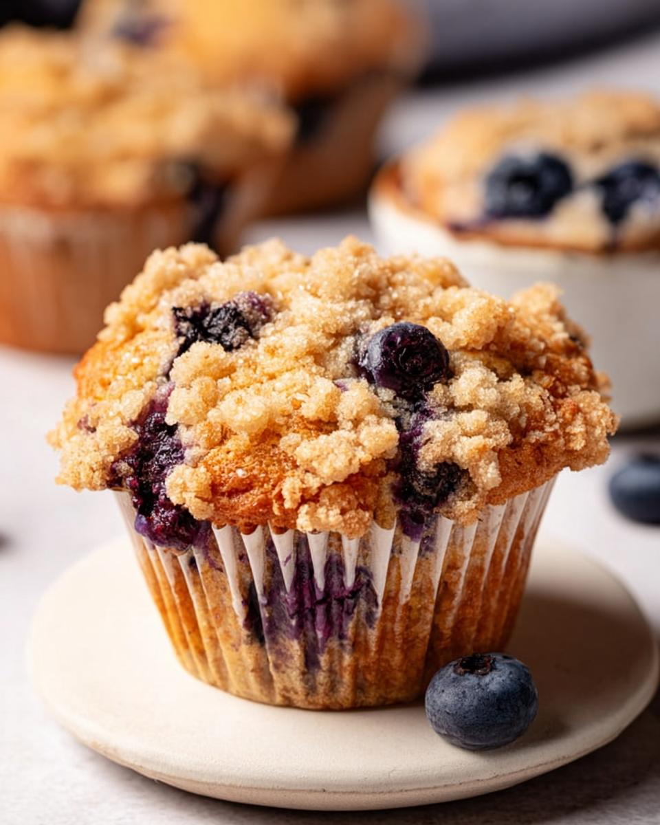 Close-up of a perfect Blueberry Muffin Like a Bakery, featuring a golden crumb topping and fresh blueberries.