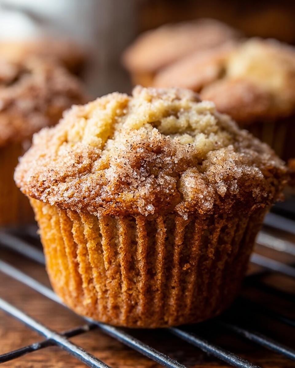 Close-up of a perfectly domed Bakery Style Banana Muffins topped with crunchy cinnamon sugar.