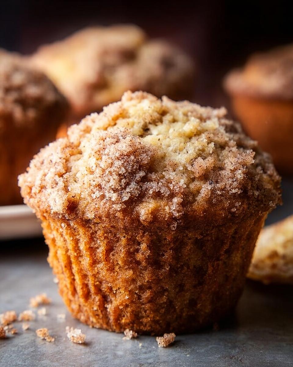 Close-up of a moist Bakery Style Banana Muffins topped with a thick, sugary cinnamon crumb topping.