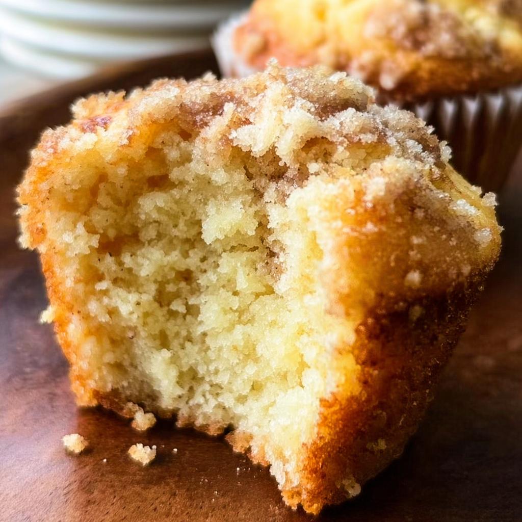 Close-up of a bakery style Banana Muffins with a bite taken out, showing a moist, fluffy interior and crumb topping.