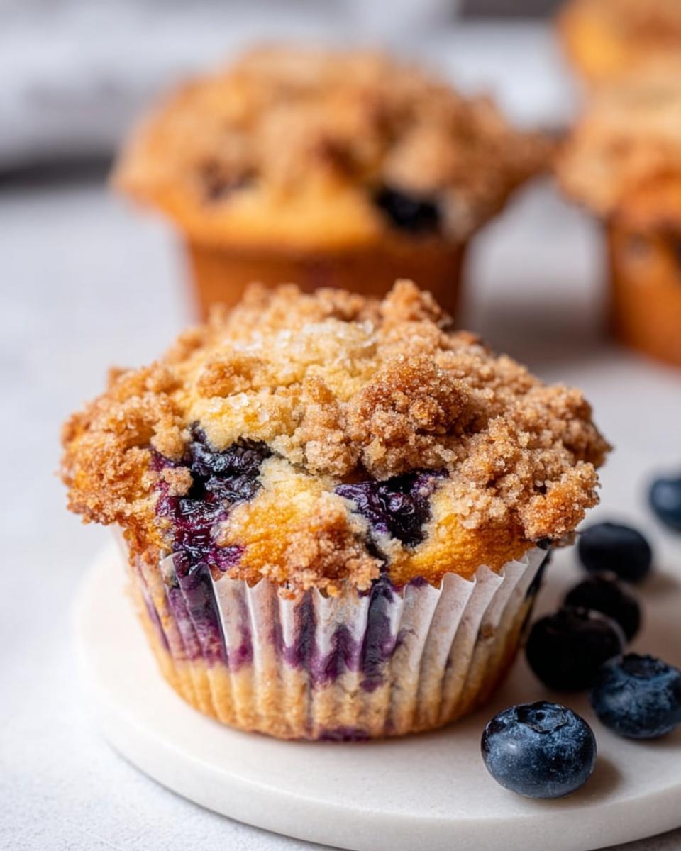 Close-up of a perfectly baked Blueberry Muffin Like a Bakery, featuring a golden crumb topping and visible blueberries.