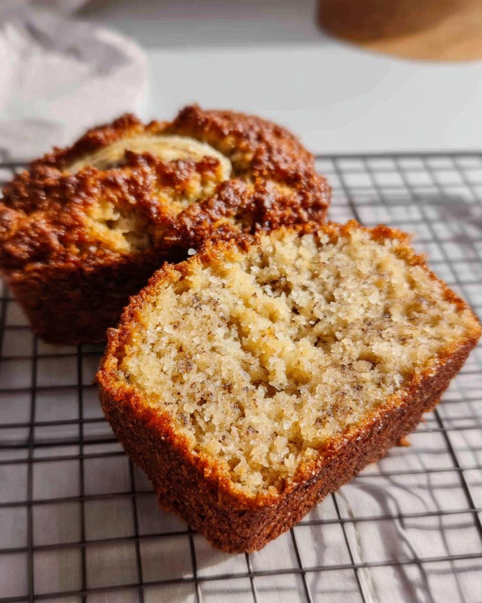 A close-up of a freshly baked Banana Bread Minis, cut in half to show the moist, speckled interior, resting on a cooling rack.