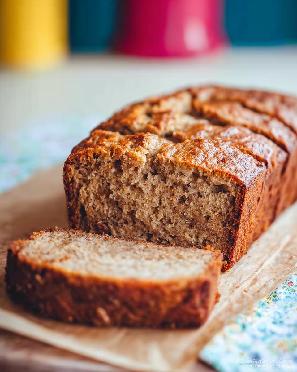 A freshly baked loaf of Banana Bread with Sour Cream, partially sliced on parchment paper.