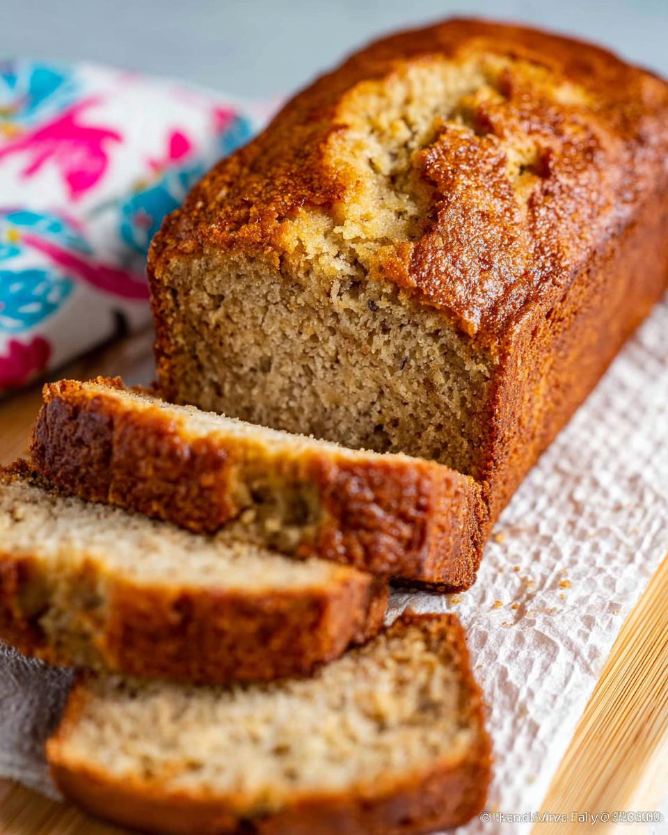A loaf of golden-brown Banana Bread with Sour Cream, partially sliced on a white napkin.